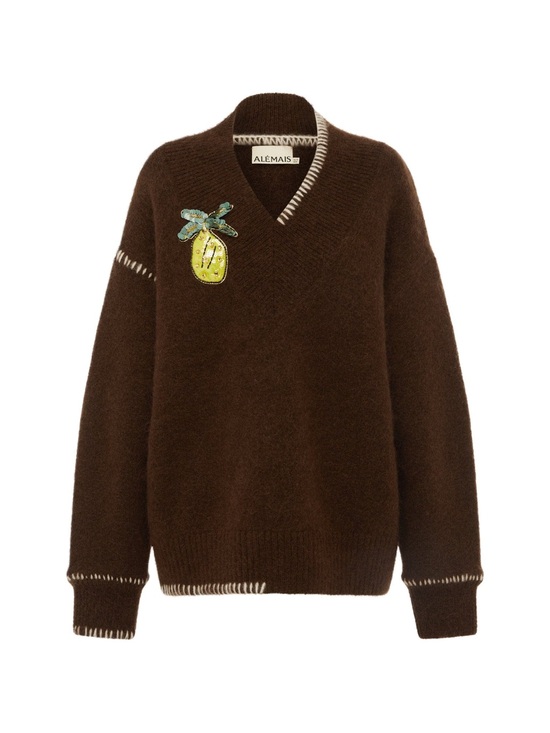 Alemais Sweaters - Alemais Fredo V-Neck Sweater with Yellow Green Fruit Patch